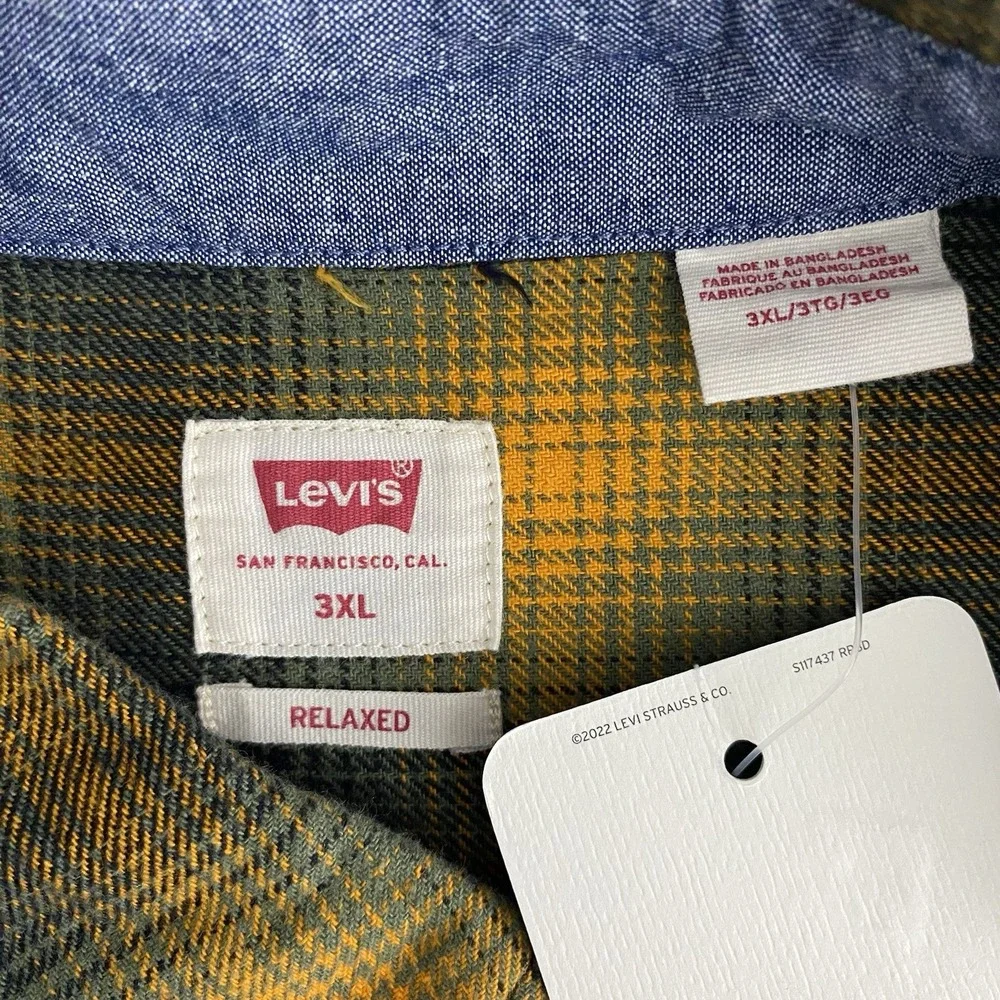 Levis Mens 3XL Flannel Button Up Shirt The Worker Relaxed Fit Plaid Orange Multi